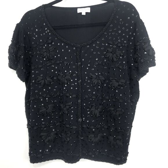 Joseph A. Black Beaded Bow Embellished Short Sleeve Button Up Holiday Cardigan - Picture 1 of 14